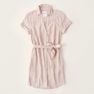 Abercrombie & Fitch Striped Tan & White Linen-Blend Belted Mini Shirt Dress Sz M
